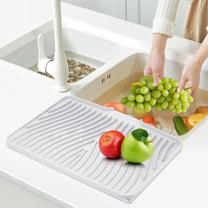 TIKNIK Silicone Dish Drying Mat, Stone Drying Mat for Kitchen Counter with Built-In Drain, Non-Slip Drain Pad with Built-in Drain, Heat Resistant Stone Drying Mat, Hangable, White-1pcs, 20" x 15"
