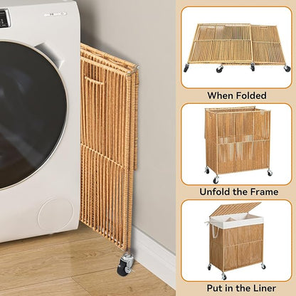 WOWLIVE Laundry Hamper with Wheels, Handwoven Rolling Laundry Basket with Lid, Clothes Hamper with Divided Removable Liner Bag, 115L Large Capacity Laundry Sorter Laundry Room Organization, Natural