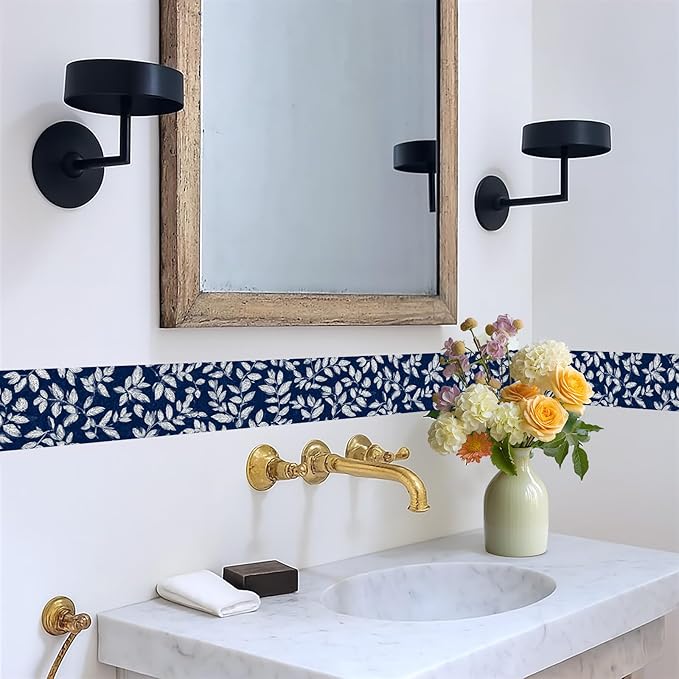 Blue Floral Wallpaper Border 196x4 Inch Peel and Stick Wall Border Elegant White Leaf Pattern Removable Vinyl Wall Trim for Kitchen Bathroom Bedroom Living Room Home Decor