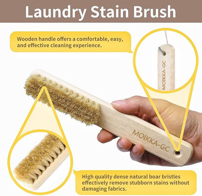 Wood Laundry Stain Brush with Boar Bristle, Tough Stain Remover for Delicate Fabric, Cotton, Linens, and Shoes, Laundry Scrub Brush for Fresh and Clean Fabric