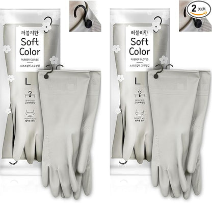 Myungjin 2 Pairs Reusable Waterproof Non-Slip Honeycomb Grip Latex Rubber Gloves with Hang-Dry Hooks/Hanging Loops for Dishwashing Household Cleaning Cooking (Large OverFit)