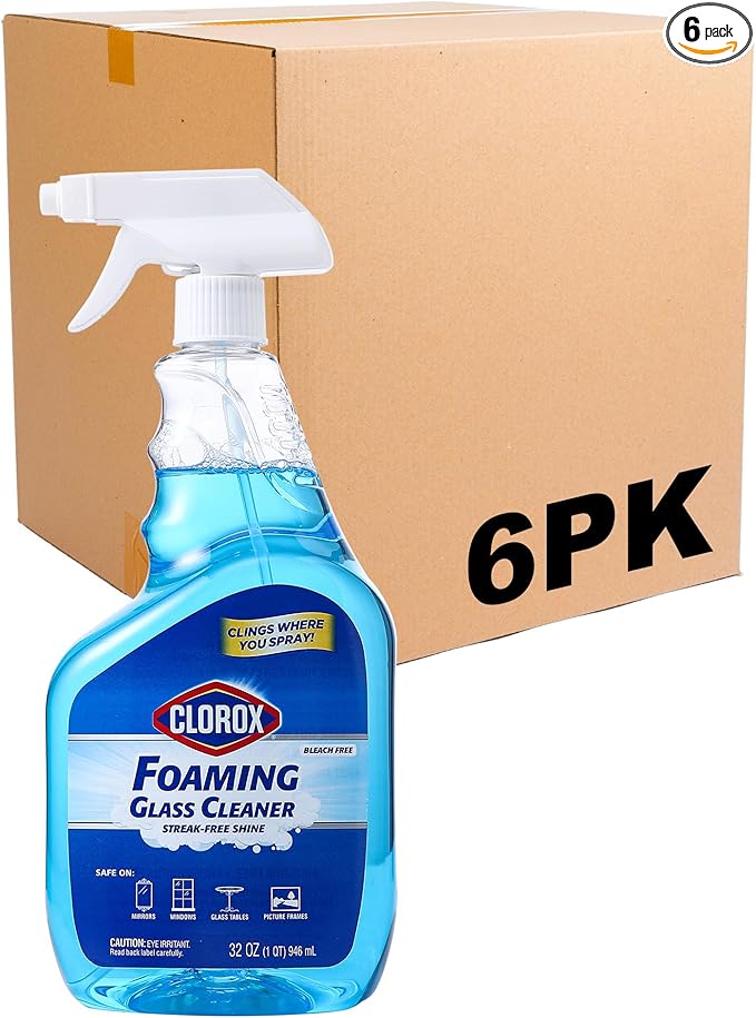 Clorox Foaming Glass Cleaner Trigger Spray, Streak Free No Drip Formula for Windows, Mirrors, and Glass Surfaces, All Purpose Household Cleaning Spray in Fresh Scent , 32 Ounce - 6 Pack