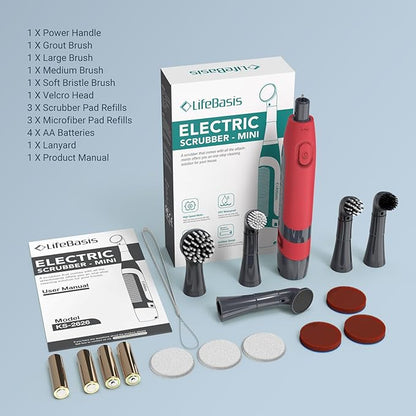 LifeBasis Cordless Electric Cleaning Brush, Mini Power Scrubber for Cleaning Waterproof Grout with 5 Brush Heads for Bathroom Kitchen Tile Crevice Corner - Red (Batteries Included)