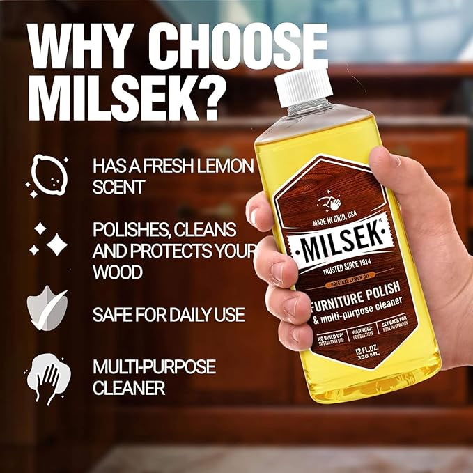 Milsek Furniture Polish and Wood Cleaner with Lemon Oil - Multipurpose Solution for Home Improvement from Hardwood Floors to Kitchen Cabinets - 12 Fl Oz (Pack of 2) with Microfiber Towel