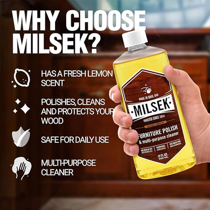 Milsek Furniture Polish and Wood Cleaner with Lemon Oil - Multipurpose Solution for Home Improvement from Hardwood Floors to Kitchen Cabinets - 12 Fl Oz (Pack of 2) with Microfiber Towel