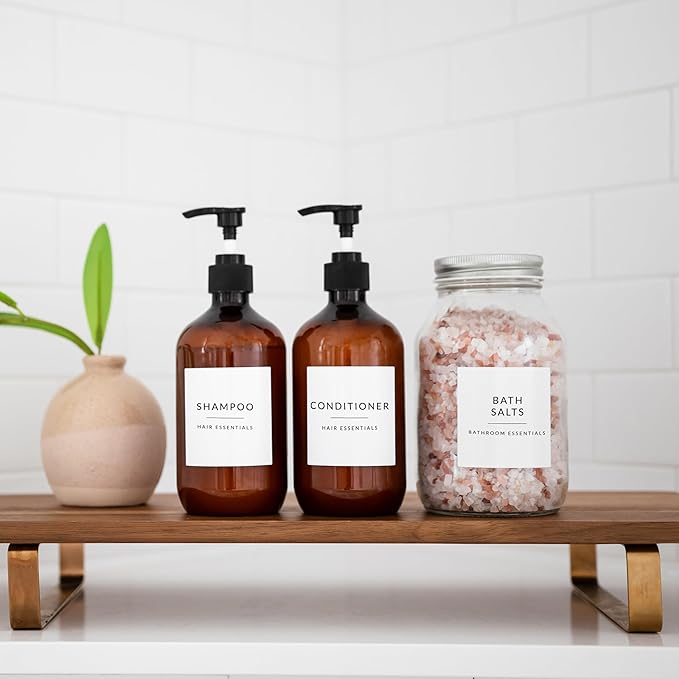 Minimalist Bathroom Labels for Organizing, 136 Preprinted Bath Room and Makeup Organizer Stickers, Waterproof Removable, Soap Shampoo Storage Supplies
