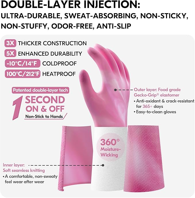 Vgo... Household Cleaning Gloves,Double-layer,Lined Dishwashing Gloves,Long Sleeves for Kitchen,Bathroom Cleaning(TP1117)