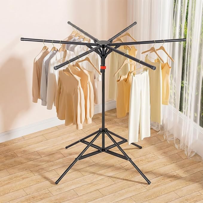4-Leg Clothes Drying Rack with 6 Adjustable Poles, 20 Windproof Hooks and 2 Sock Clips Foldable Laundry Drying Rack, Space-Saving Indoor/Outdoor Clothes No-Installation Drying Stand, Black
