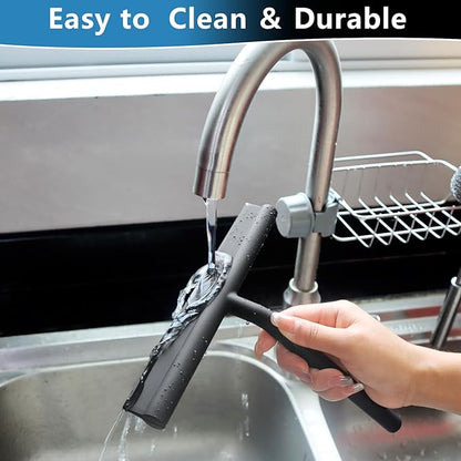 Shower Squeegee for Glass Doors, Full Silicone Jacketed Squeegee with Ergonomic Handle & No-Drill Hook, Cleaning Tool for Windows, Mirrors, Tiles, Bathroom & Car - Black