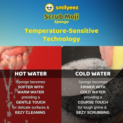 The Original Scrub Moji Scrubbing Sponge by Smilyeez (Set of 3) - Yellow - Temperature-Responsive Polymer Foam, Stain and Odor Resistant, Ideal for Kitchen and Bathroom Cleaning