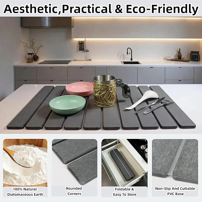 Large Stone Dish Drying Mat for Kitchen Counter Sink Bathtub, Diatomaceous Earth Food Grade Super Absorbent Self-Drying Fast Dry, Foldable Easy-to-Clean Eco-Friendly Drying Pad, 24"×16", Dark Gray
