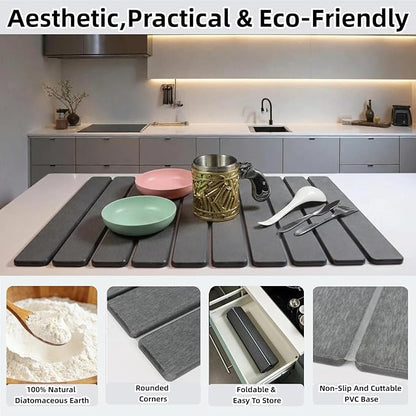 Large Stone Dish Drying Mat for Kitchen Counter Sink Bathtub, Diatomaceous Earth Food Grade Super Absorbent Self-Drying Fast Dry, Foldable Easy-to-Clean Eco-Friendly Drying Pad, 24"×16", Dark Gray