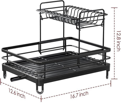 Sakugi Dish Drying Rack - X-Large Stainless Steel Dish Rack for Kitchen Counter, 2-Tier Kitchen Organizers and Storage for Dishes, Bowls, Cutlery, Black