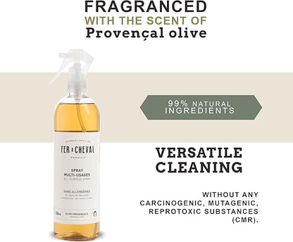 Fer à Cheval Versatile Marseille All-Purpose Spray Cleaner - Natural Provençal Olive Scent, Allergen-Free, 99% Natural Ingredients, 500ml/16.9 fl oz (Single)