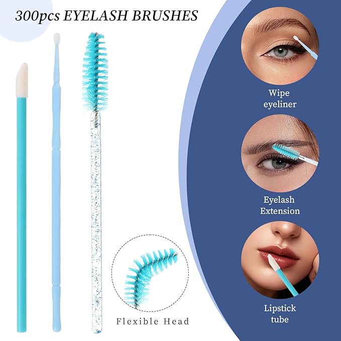 300 PCS Eyelash Extension Supplies Kit, Disposable Micro Swab Brush, Eyebrow Spoolie, Lip Brush, Mascara Wand Applicator (Light blue kits)