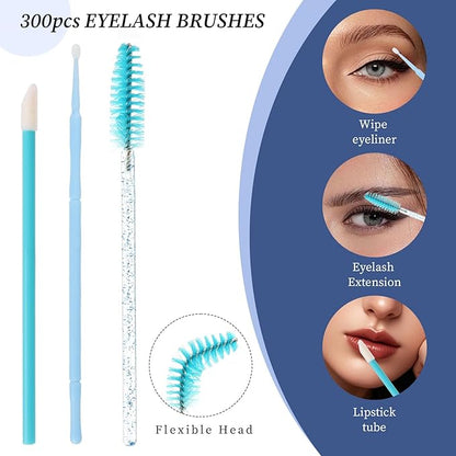 300 PCS Eyelash Extension Supplies Kit, Disposable Micro Swab Brush, Eyebrow Spoolie, Lip Brush, Mascara Wand Applicator (Light blue kits)