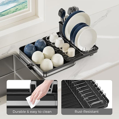 Sineng Expandable Dish Drying Rack,Stainless Steel Foldable Dish Rack with Cutlery Holder,Multifunctional Compact countertop Dish Drainer,Space Saving extendable Big Capacity Dish Holder