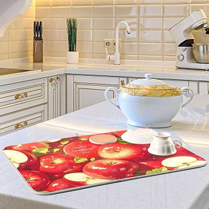 Red Apples Dish Drying Mat for Kitchen Counter Absorbent Microfiber Drying Pad, Large 18x24 in