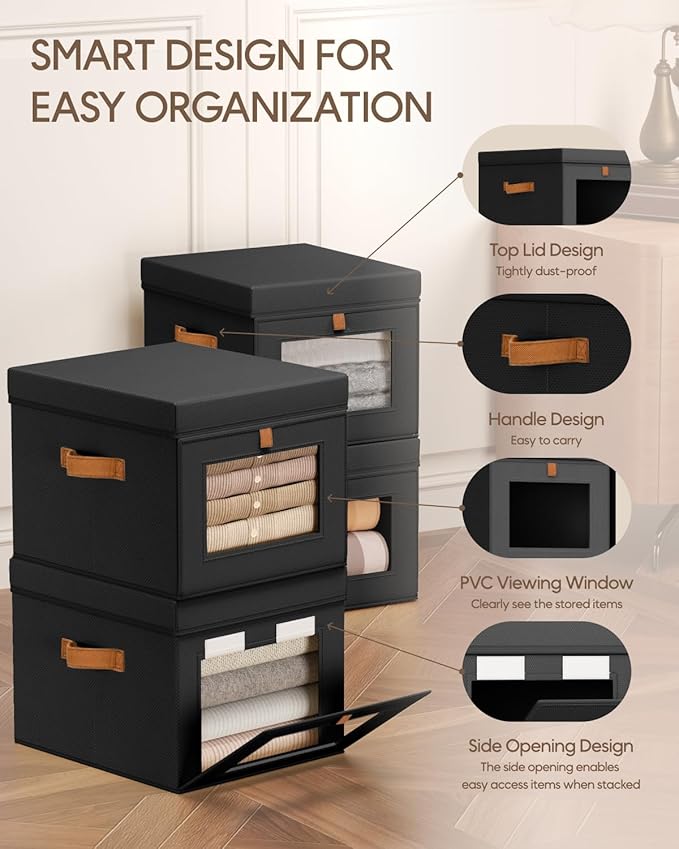 Storage Bins with Lid – Closet Organizer with Side Opening and Clear Window, Foldable Stackable Fabric Basket for Clothes, Home, Office - 13.77" x 11.8" x 9.8", 6 Pack, Black