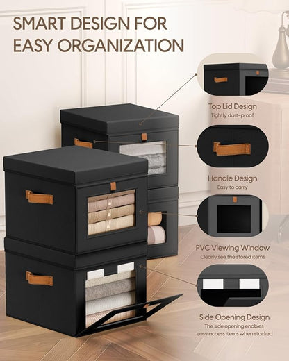 Storage Bins with Lid – Closet Organizer with Side Opening and Clear Window, Foldable Stackable Fabric Basket for Clothes, Home, Office - 13.77" x 11.8" x 9.8", 6 Pack, Black