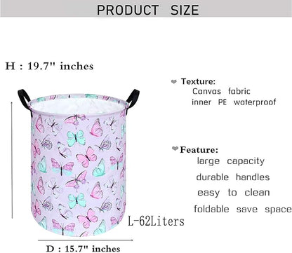 KUNRO Round Laundry Gift Basket Storage Hamper, Clothes Storage Organizer Bins, Shelf Basket with Handles for Room Decor (Purple Butterfly)