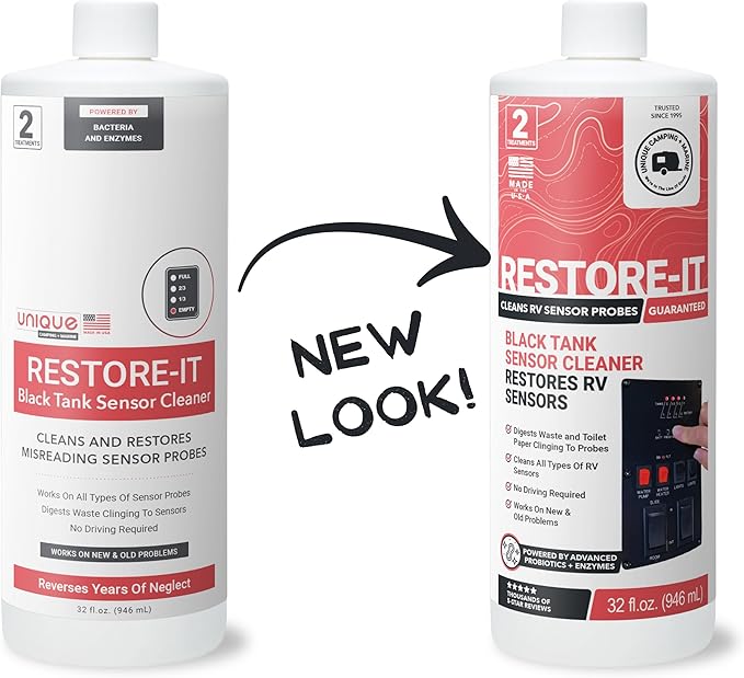 Unique Restore-It RV Sensor Cleaner Liquid – Cleans Dirty Sensor Probes for Misreading RV Black Tank Sensors – 2 Treatments Per Bottle, 32 oz (2-Pack)