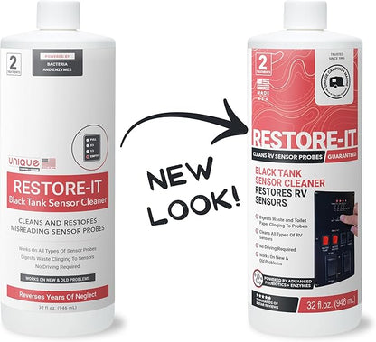 Unique Restore-It RV Sensor Cleaner Liquid - Cleans and Restores Misreading Sensor Probes by Removing Stuck-On Waste in Black Tanks - 2 Treatments Per Bottle (32 oz)