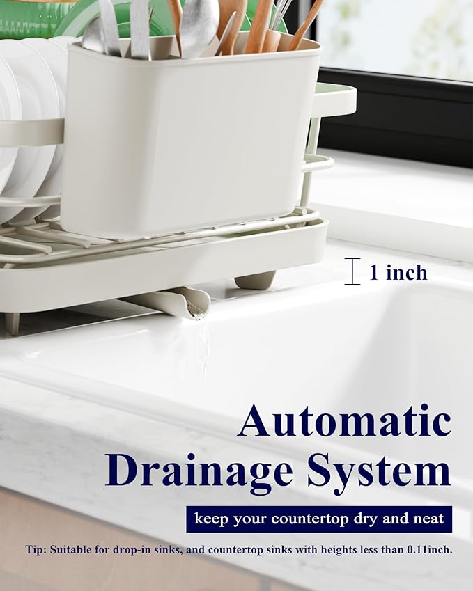 Kitsure Dish Drying Rack - Compact Dish Rack with Utensil Holder & Adjustable Water Outlet, Rust-Proof & Scratch-Resistant Drying Rack for Kitchen, 14.5" x 12.0" x 4.0", Light Grey