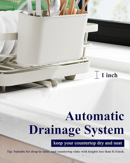 Kitsure Dish Drying Rack - Compact Dish Rack with Utensil Holder & Adjustable Water Outlet, Rust-Proof & Scratch-Resistant Drying Rack for Kitchen, 14.5" x 12.0" x 4.0", Light Grey