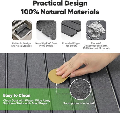 Stone Dish Drying Mat for Kitchen Counter - 24" x 16" Ultra Absorbent Diatomaceous Earth Mat, Fast Drying & Foldable Countertop Protector, Non-Slip Eco-Friendly Stone Mat for Dishes