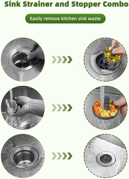 Universal 3-in-1 Kitchen Sink Strainer Stopper Pop Up Sink Drainer with Upgrade Folded Handle, for US Standard 3-1/2 inch Drain Filter, Chrome Stainless-Wraped Shell, Anti-Clog