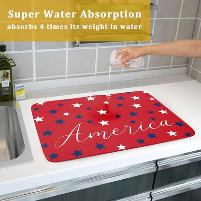4th of July Patriotic Red Dish Drying Mat For Kitchen Counter Independence Memorial Day America Stars Microfiber Absorbent Drying Mats Reversible Kitchen Countertop Drainer Pad 18x24 Inch