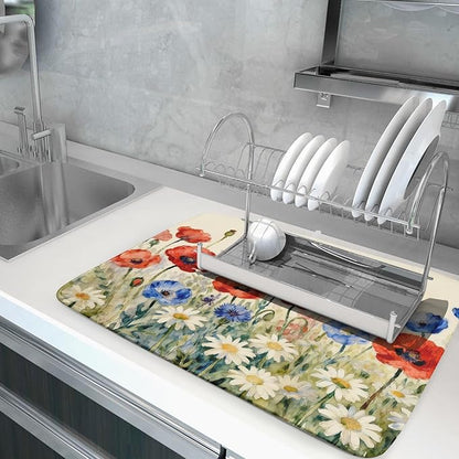 4th of July Dish Drying Mat for Kitchen Counter 18x24 Red Blue White Patriotic Floral Memorial Day Holiday Absorbent Reversible Microfiber Drying Mats Kitchen Countertop Protector Dishes Drainer Pad