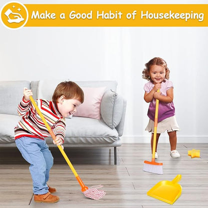 Masthome Kids Cleaning Set, 8 Piece Cleaning Toys Set, Includes Mop, Broom, Brush, Dustpan, Microfiber Cloth, Cleaning Sponge, Squeegee, Window Scraper, Pretend Play Toys for Girls Boys - Yellow