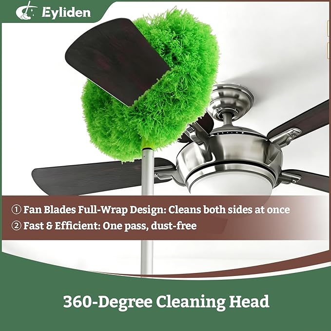 Eyliden 68" Adjustable Ceiling Fan Duster - 360° Dual-Sided Microfiber, 0.75 lbs Ultra-Lightweight, Ladderless High Ceiling Cleaning, Reusable Multi-Surface Dust Tool for Fans Walls Blinds, Green