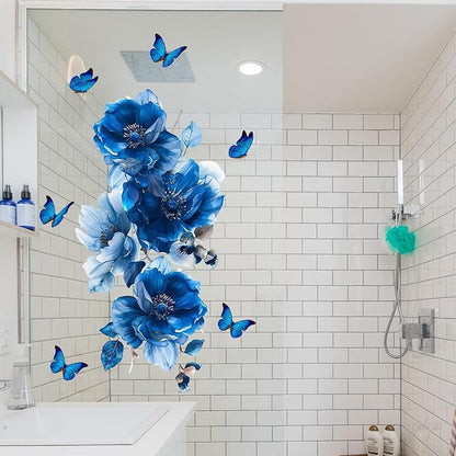 Blue Flower Wall Decals Peel and Stick Peony Floral Wall Sticker Decor Removable Peonies Bouquet Wall Murals with Butterflies for Girls Bedroom Living Room Bathroom Hallway Door Office Kids Nursery