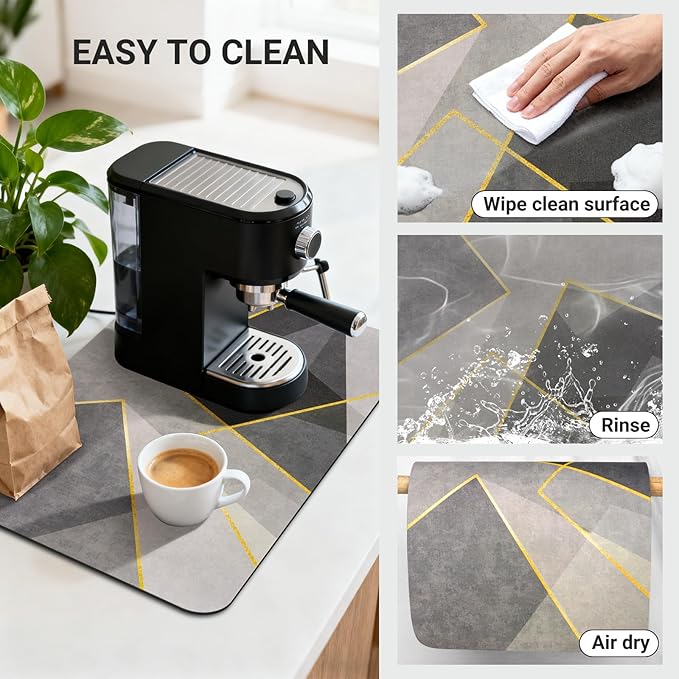 Coffee Mat 20x12 Inch, Gray Geometric Coffee Splash Mat, Absorbent Hide Stain Rubber Backed Dish Drying Mat for Kitchen Counter, Mat for Countertops, Under Coffee Bar Maker Machine Pot Espresso Staion