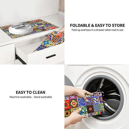 Bohemian Chic Floral Dish Drying Mat, Highly Absorbent Microfiber Kitchen Counter Pad Reusable Washable, 18*24"