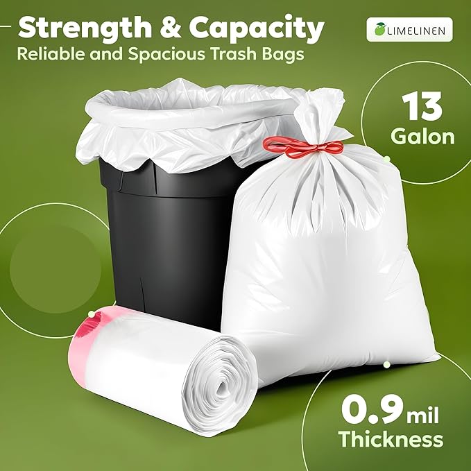 LIMELINEN Tall Kitchen Trash Bags with Drawstring, 200 Count, 13-gallon Trash Bag of 0.9 mil Thickness, Leak and Odor-Resistant, Heavy-Duty Plastic Garbage Bags for Home and Commercial Use
