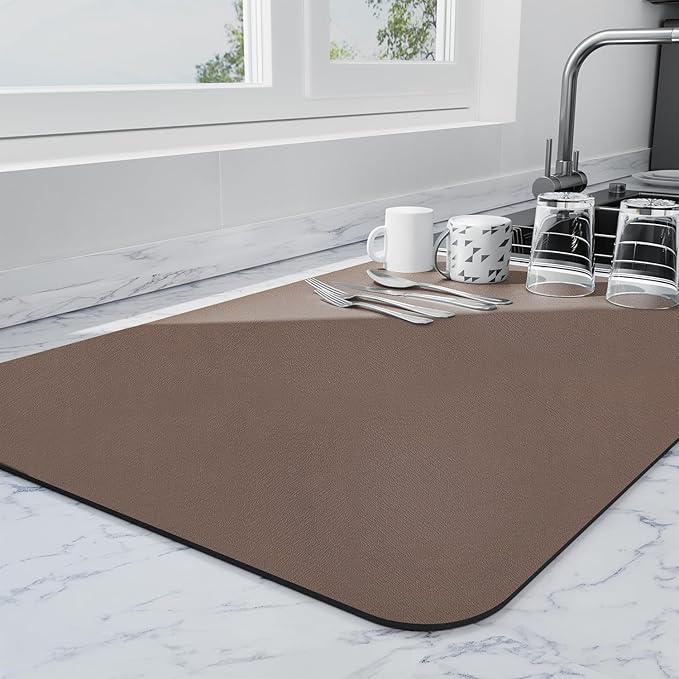 Ecotrim - Dish Drying Mat for Kitchen Counter | Coffee Bar Mat for Countertops | Heat Resistant Drainer Mat with Non-slip Rubber Backed | Hide Stain Kitchen Absorbent Draining Mat | Brown 18"x24"