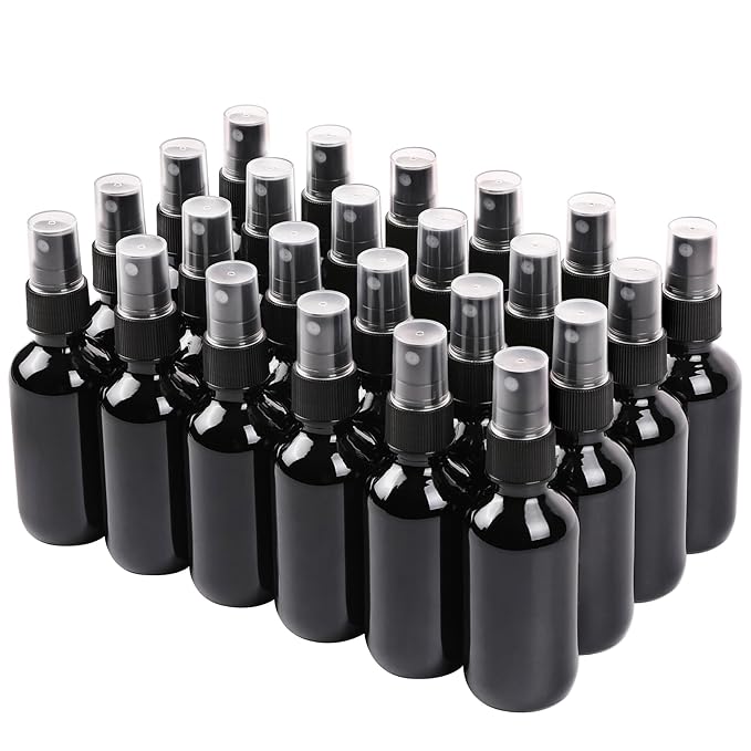 NOOEEISS Black Glass Small Spray Bottle 2 oz 24 Packs,Fine Mist Sprayer Small Clear Bottles,Refillable Containers mini spray bottles for Cleaning Solutions and Skin Care (Black 24pcs)