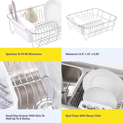 Sweet Home Collection Metal 2 Piece Dish Drying Rack Set Drainer with Utensil Holder Simple Easy to Use Fits in Most Sinks, 14.5" x 13" x 5.25", White