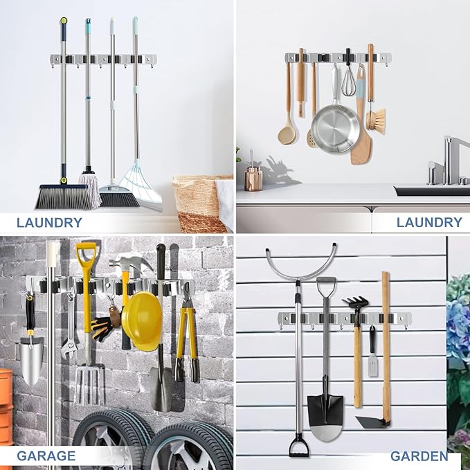 nacena 2 Pack Broom Holder Wall Mount Mop Hanger, Stainless Steel 4 Racks 5 Hooks Self Adhesive Heavy Duty Tool Organizer for Garage Kitchen Garden Laundry Room Home (Silver
