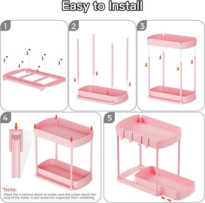 2 Pack Multi-Purpose Pull-Out Storage Organizers, Under Sink Organizers and Storage for Bathroom & Kitchen, Under Cabinet Organizers and storage, 14.8 Inch, Pink