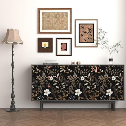 Laatse Black Floral Wallpaper Peel and Stick Boho Wallpapers 17.5" x 118" Gold Leaf Contact Paper for Cabinets Waterproof Self Adhesive Removable Wall Paper for Kitchen Table Countertop Walls