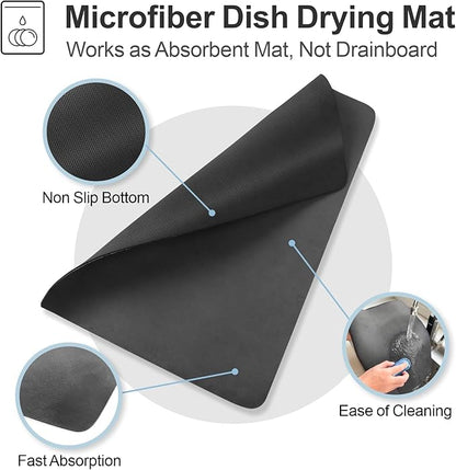 GSlife Family Size Large Capacity Expandable Dish Drying Rack with Absorbent Mat, Rust Resistant Dish Drainer for Plates Bowls Pots and Pans, 16.5"-21.3" L x 14.7" W, Black