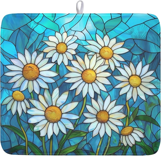 Daisy Drying Mat 18x16 Inch, Summer Spring Drying Mat with Absorbent Reversible Microfiber, Rustic Flowers Dish Drainer Mats Floral Rack Pad for Coffee Countertop Kitchen Protector