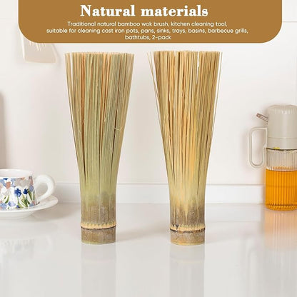 Bamboo Pot Brush,Traditional Natural Bamboo Wok Brush,Kitchen Cleaning Brush, Suitable for Cleaning Cast Iron Pots, Pans, Sinks, Trays, Basins, Barbecue Grills and Bathtubs, 2 Pack… (Small)