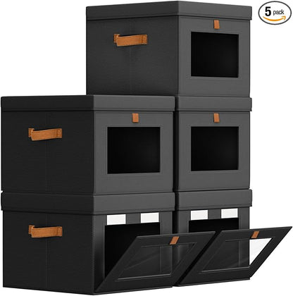 Storage Bins with Lid – Closet Organizer with Side Opening and Clear Window, Foldable Stackable Fabric Basket for Clothes, Home, Office - 13.77" x 11.8" x 9.8", 5 Pack, Black