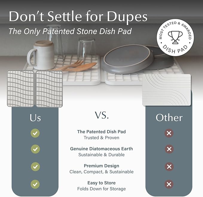 Dorai Home Dish Pad - Collapsable Stone Dish Drying Mat with Diatomaceous Earth for Quick Drying - Ultra Absorbent - Encased in Woven Silicone - Eco-Friendly, Foldable - Large 24.6" x 16.5", Sandstone